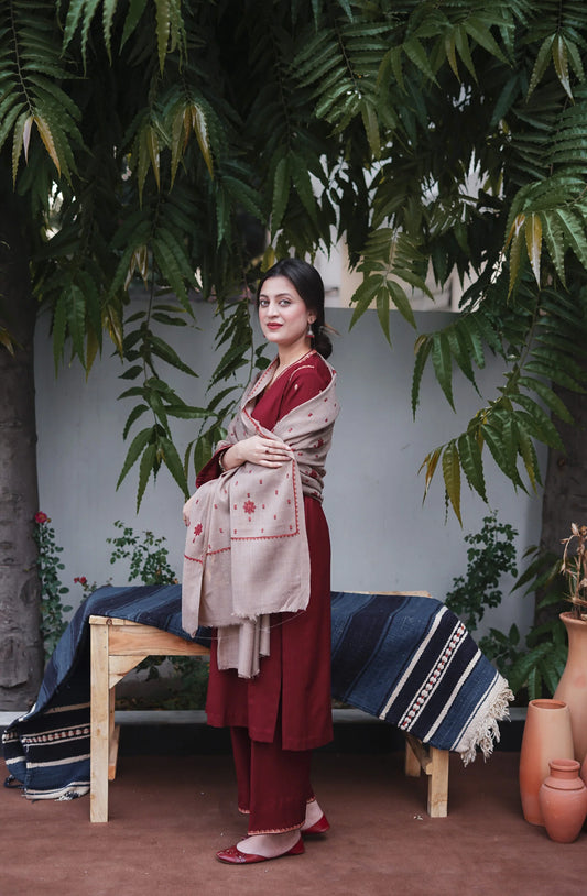 Dhanak 3PC Unstitched Thread Embroidered Shirt with Dhanak  Shawl - AISLING - ST - 16