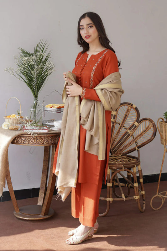 Dhanak 3PC Unstitched Thread Embroidered Shirt with Dhanak  Shawl - AISLING - ST - 12